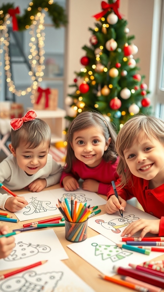 Children drawing Christmas pictures with art supplies on a festive table.
